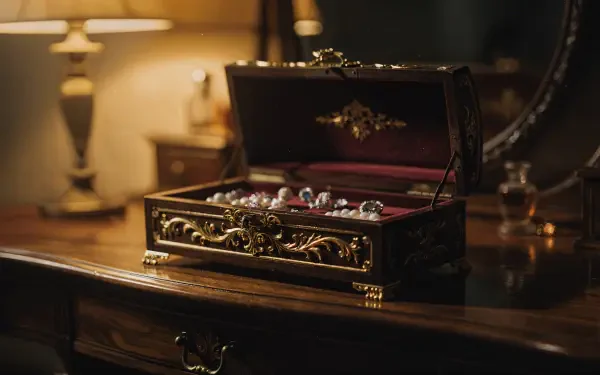 Ornate open jewelry box on a polished wooden dressing table, velvet-lined with rings and necklaces, 4K Ultra HD PC desktop wallpaper and background.