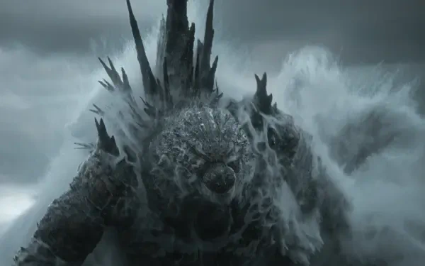 Godzilla Minus Zero rising from a stormy sea, icy scales and towering spines amid crashing waves — 4K Ultra HD PC desktop wallpaper/background.
