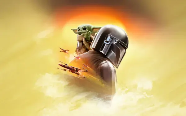 The Mandalorian with Grogu perched on his shoulder against a golden sky and starfighters, 5K Ultra HD PC desktop wallpaper background.