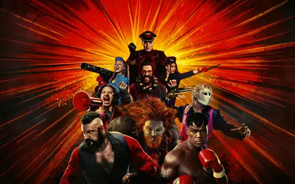 Street Fighter (2026) 2K Quad HD PC desktop wallpaper and background — red-orange burst framing a lineup of fighters in intense action poses.