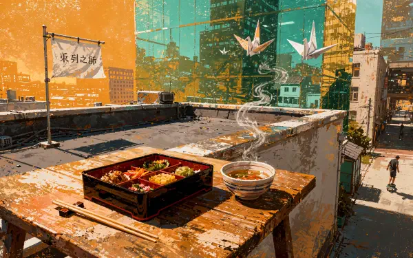 4K Ultra HD PC desktop wallpaper and background: rooftop lunch with bento and steaming soup on a weathered table, paper cranes drifting over a sunlit city skyline.