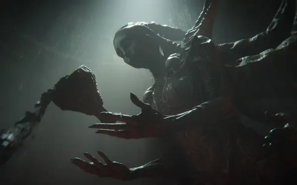 HD PC desktop wallpaper/background from the video game Tainted Grail: The Fall of Avalon — a shadowy, twisted humanoid with long tendrils reaching toward a floating, broken chalice