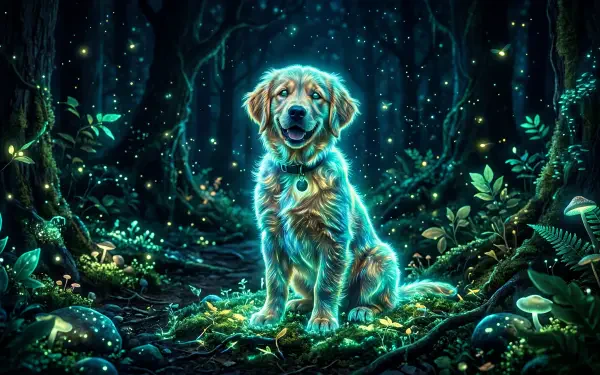 5K Ultra HD PC desktop wallpaper: a pet golden retriever glowing with bioluminescence, sitting in an enchanted forest surrounded by fireflies.