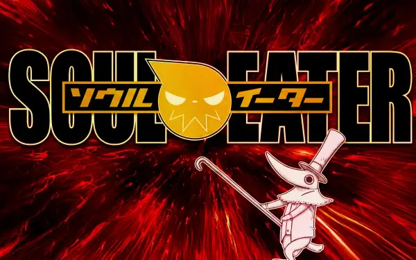 Soul Eater anime 5K Ultra HD PC wallpaper: Excalibur with top hat and cane against a fiery red vortex, bold Soul Eater logo and grinning moon emblem.