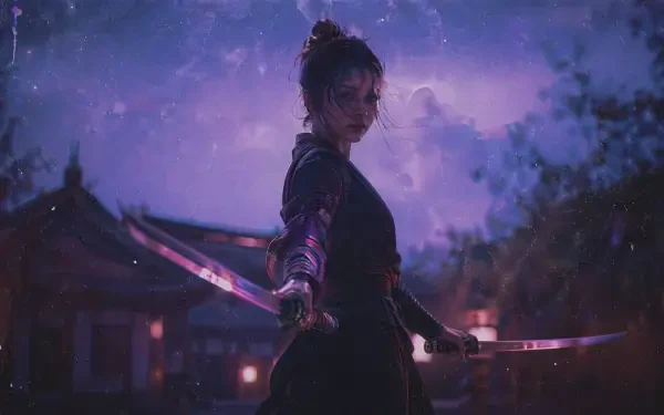 4K Ultra HD PC desktop wallpaper of a lone warrior at dusk wielding dual swords, silhouetted against a purple sky and lantern-lit temple rooftops.