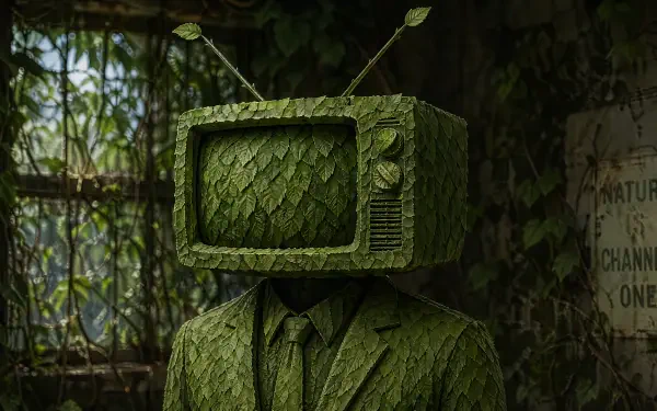 4K Ultra HD PC desktop wallpaper: humanoid in suit with TV head made of layered green leaves, standing in an overgrown, vine-filled room.