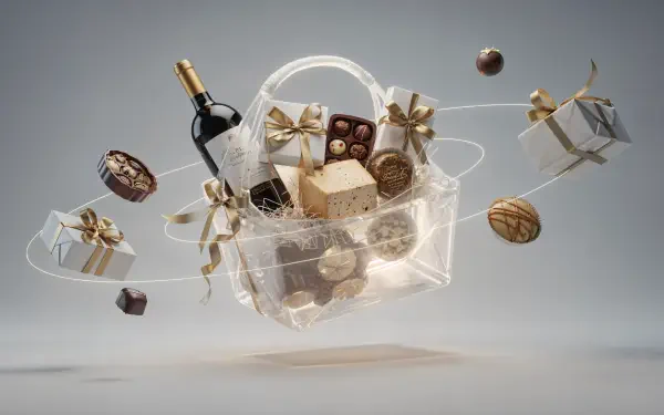 4K Ultra HD PC desktop wallpaper: transparent floating gift basket with a wine bottle, wrapped presents, chocolates and ornaments against a soft gray background.
