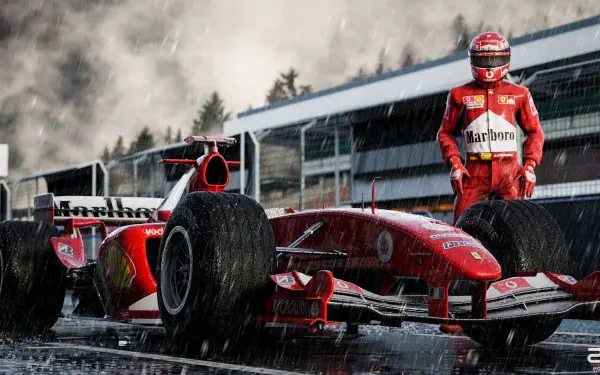 2K Quad HD desktop wallpaper: Ferrari F1 car in heavy rain on the pit lane, a driver in red racing suit and helmet standing beside the wet, water-splashed track.