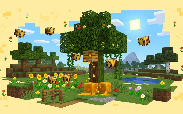 Minecraft video game 2K Quad HD PC desktop wallpaper and background: sunlit blocky island with a central tree, bees around honey blocks, colorful flowers and a small pond.