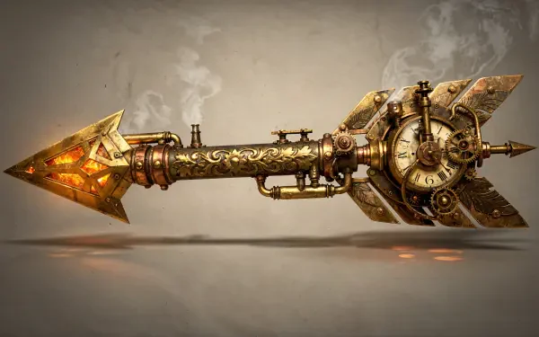 Ornate steampunk arrow with brass gears, glowing crystal tip and engraved shaft — 4K Ultra HD PC desktop wallpaper/background.