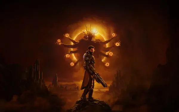 4K Ultra HD Futuristic Gaming PC wallpaper: armored soldier with rifle on rocky outcrop before a glowing multi-armed Saros halo, orange sci‑fi landscape and ruined structures.