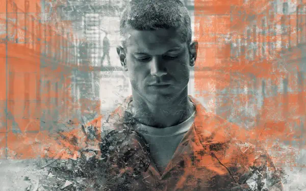 2K Quad HD desktop wallpaper: brooding male in an orange prison jumpsuit, stylized grunge portrait referencing the TV show Prison Break.