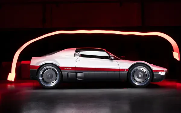 Side profile of a silver-red Bertone Runabout concept car with red light trails over a black floor — 4K Ultra HD PC desktop wallpaper background.
