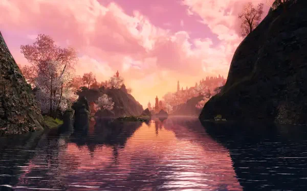 Lord of the Rings Online video game scenery — Eriador, Arnor. 5K Ultra HD PC desktop wallpaper: pink-orange sunset reflecting on a calm river between rocky hills and distant ruined towers.