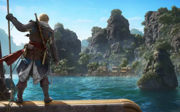 4K Ultra HD PC desktop wallpaper of a pirate from Assassin's Creed IV: Black Flag standing on a ship's bow, overlooking turquoise sea and jagged tropical islands from the Assassin's Creed series.