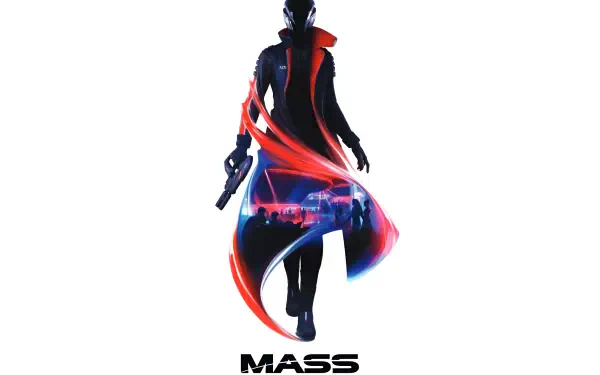 Mass Effect 5 2K Quad HD PC desktop wallpaper: silhouetted figure in a long coat with glowing red ribbons and pistol, cityscape reflected across the coat on a white background.