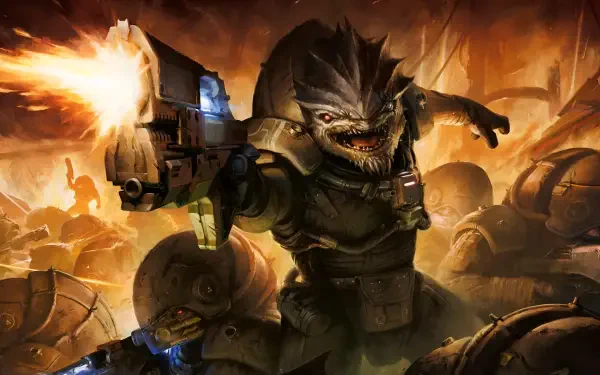 2K Quad HD PC desktop wallpaper and background: Mass Effect 5 video game scene of an armored alien monster firing a heavy gun amid explosions in intense alien battles.