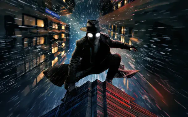 Spider-Man Noir (2026) TV show superhero crouches in a trenchcoat on a rain-slick rooftop above a neon noir city — 5K Ultra HD PC desktop wallpaper/background.