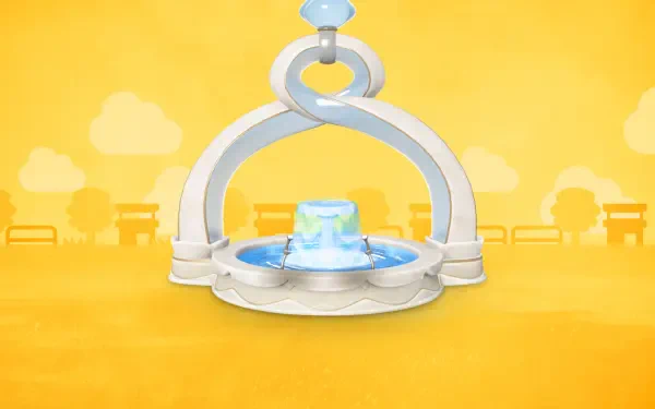 Tomodachi Life: Living the Dream HD PC desktop wallpaper and background — a white fountain with blue water centered on a sunny yellow field with park silhouettes.
