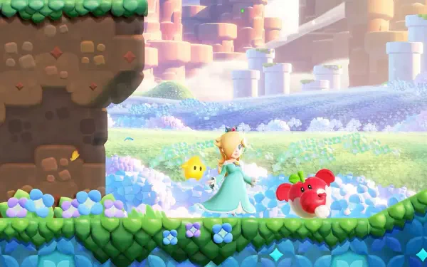 Super Mario Bros. Wonder HD PC desktop wallpaper: Rosalina walks with a glowing Luma and small red creature across a sparkling, flower-covered platform in a bright, whimsical landscape.