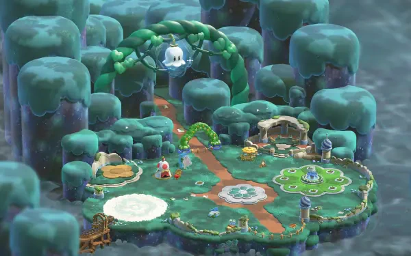 Super Mario Bros. Wonder HD PC desktop wallpaper and background: whimsical floating island level with mossy cliffs, winding path, platforms, pipes and colorful enemies under a misty sky.