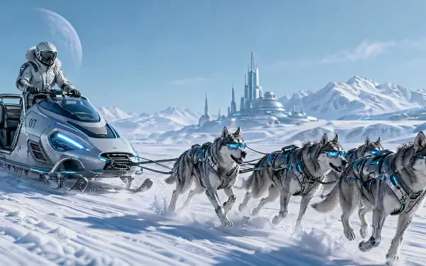 Futuristic dog sled teams racing across snowy plains toward a distant ice city under a large moon; astronaut driver on a sleek sled. 4K Ultra HD PC desktop wallpaper and background.