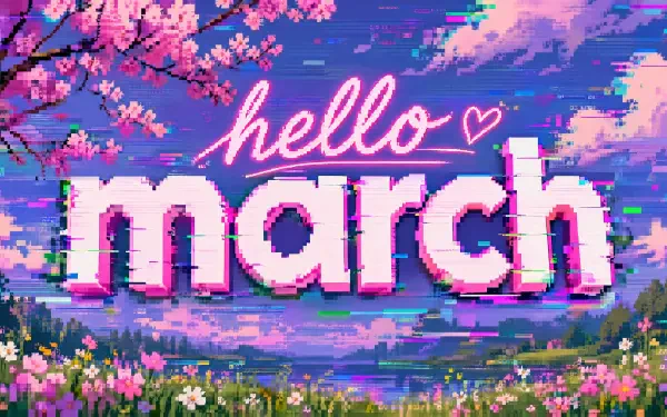 4K Ultra HD PC desktop wallpaper and background: pixel-art spring landscape reading 'hello march' in neon script over bold glitchy letters, cherry blossoms and a wildflower meadow.