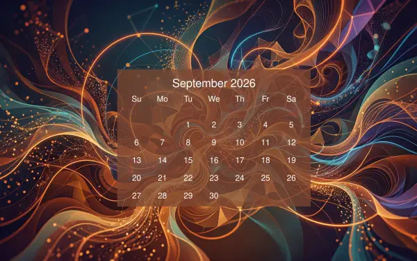 September 2026 calendar overlaid on vibrant abstract swirls and particles — 5K Ultra HD PC desktop wallpaper and background.