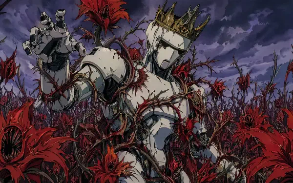 Sci-fi robot king crowned and torn, entangled in blood-red carnivorous flowers beneath a stormy sky — 4K Ultra HD PC desktop wallpaper/background