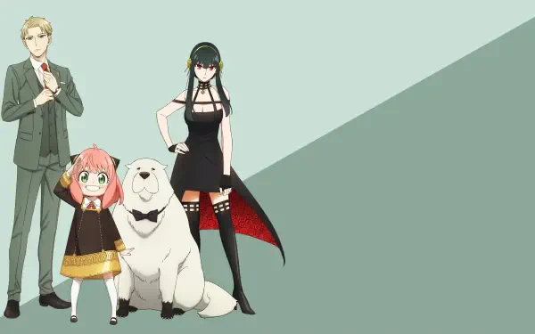 Spy x Family 4K Ultra HD PC desktop wallpaper: Loid, Anya, Yor and the white dog Bond pose left on a diagonal mint-green background with empty right-side space.