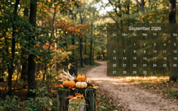 September 2026 calendar over an autumn forest path with pumpkins on a stump — 5K Ultra HD PC desktop wallpaper/background.