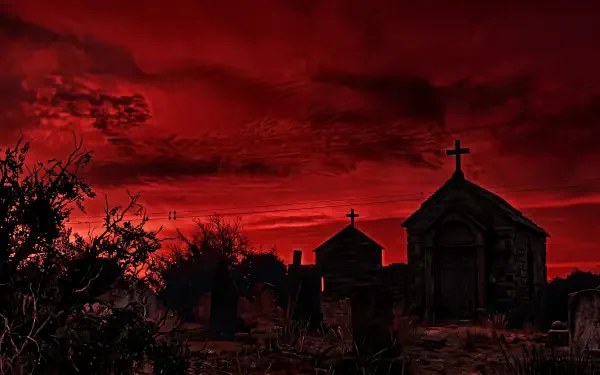 5K Ultra HD PC desktop wallpaper of a haunted graveyard in PS2core red aesthetic — silhouetted crypts and crosses beneath an eerie crimson sky, horror mood.