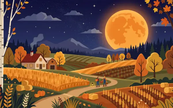 5K Ultra HD PC desktop wallpaper: harvest moon nature scene — golden full moon over autumn fields, farmhouse, hay bales, birch trees and figures walking a winding path.
