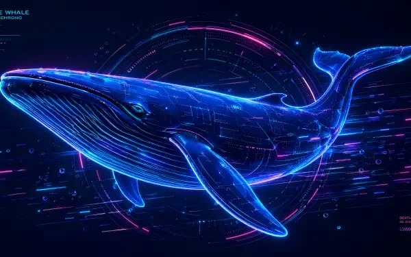 Futuristic neon blue whale rendered in glowing lines with HUD rings on a dark ocean backdrop — 4K Ultra HD PC desktop wallpaper and background.