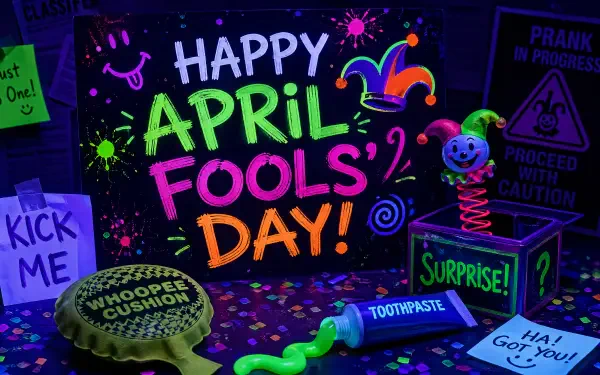 Vibrant 4K Ultra HD PC desktop wallpaper: neon Happy April Fools' Day! text surrounded by prank props — whoopee cushion, Kick Me note, gag toothpaste, jack‑in‑the‑box and prank signs.