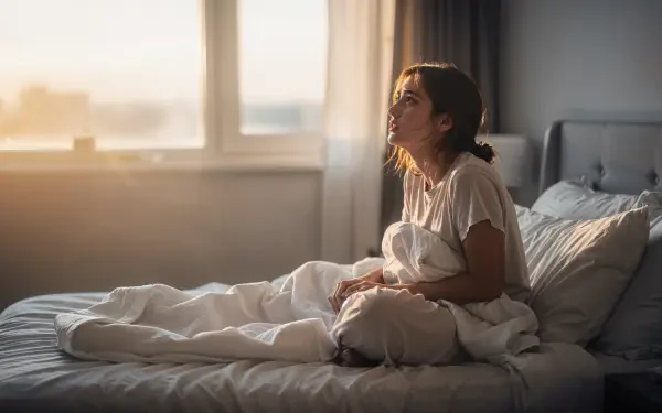 Waking up: soft morning sunlight on a person sitting in bed, wrapped in sheets, serene bedroom scene — 4K Ultra HD PC desktop wallpaper and background.