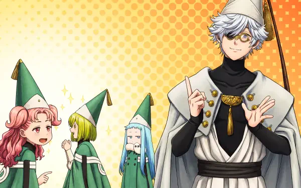 Witch Hat Atelier anime 5K Ultra HD PC wallpaper featuring Qifrey in robes with Coco, Tetea and two pupils in green witch hats against a warm dotted background