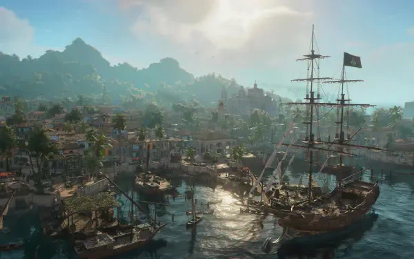 Assassin's Creed Black Flag Resynced 4K Ultra HD PC wallpaper: sunlit Caribbean harbor with a tall ship, bustling colonial port, palm trees and distant mountains.