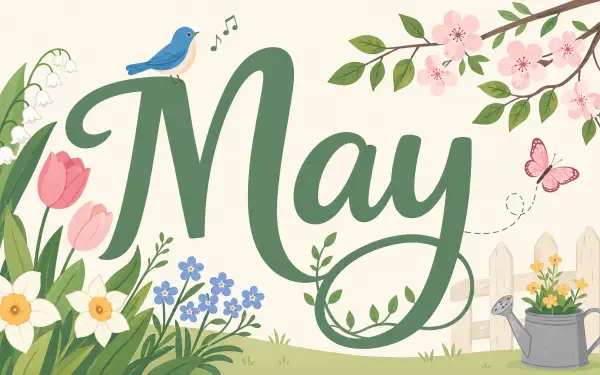 Spring floral illustration with May in script, bluebird, tulips, daffodils, cherry blossoms and watering can — 4K Ultra HD PC desktop wallpaper and background.