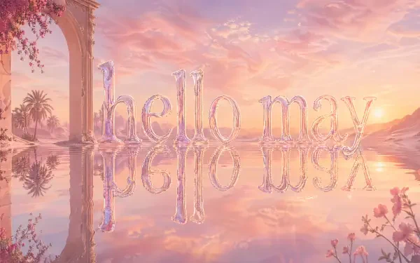 4K Ultra HD PC desktop wallpaper and background: pastel sunset over mirrored water, an arch and glassy hello may letters reflected on the surface.