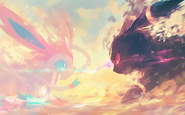 2K Quad HD PC wallpaper of Pokémon Eeveelutions Sylveon and Umbreon touching noses as a glowing energy beam connects them amid a swirling pastel sky.