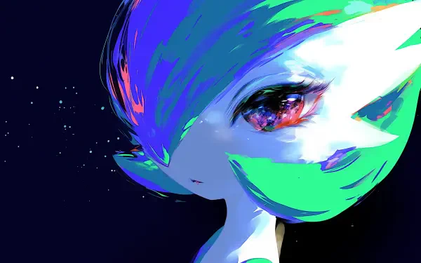 Vibrant close-up of Gardevoir (Pokémon) in neon blues and greens with a glittering starry background — anime aesthetic 2K Quad HD PC desktop wallpaper.