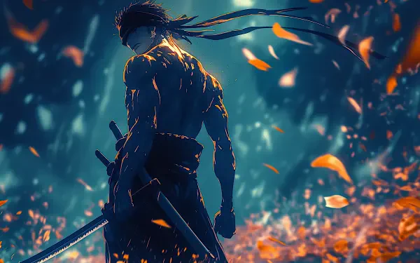 One Piece anime 2K Quad HD PC desktop wallpaper background: lone swordsman in an autumn forest, backlit amid drifting orange leaves, two katanas at his side.