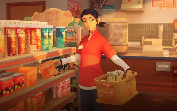 4K Ultra HD PC wallpaper from simulation game inKONBINI One Store. Many Stories: a clerk in red stocking shelves and holding a basket inside a cozy supermarket.