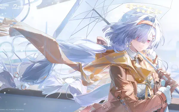 HD PC desktop wallpaper/background of Mornye (Wuthering Waves) — blue‑haired video game heroine with a translucent umbrella and flowing cloak, wind‑blown against a soft pale sky.