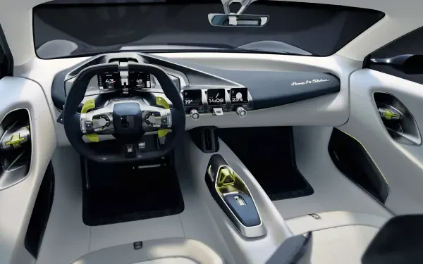 4K Ultra HD PC desktop wallpaper and background of Lynk & Co GT hypercar interior: futuristic white cockpit, digital steering cluster, minimalist dashboard and center console.