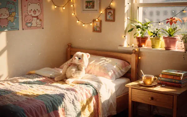 Cutecore 4K Ultra HD PC desktop wallpaper/background: sunlit cozy bedroom with a plush bear on a pastel quilted bed, fairy lights, framed art and potted plants on the windowsill.