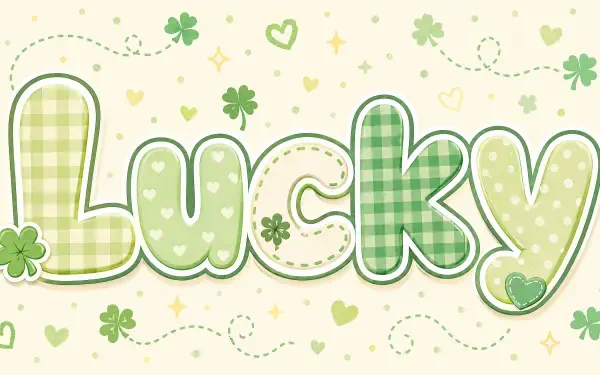 Lucky spelled in large green plaid and polka-dot letters surrounded by clovers and sparkles on cream — 4K Ultra HD PC desktop wallpaper and background