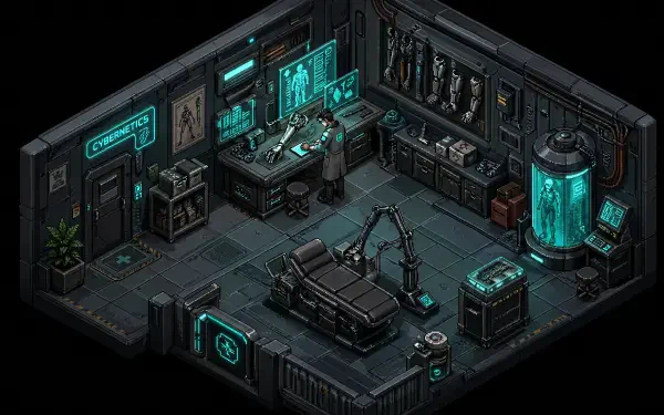 Isometric cyberneticist's lab with surgical table, robotic arms, glass specimen tank and cyan holo-monitors — 4K Ultra HD PC desktop wallpaper and background.