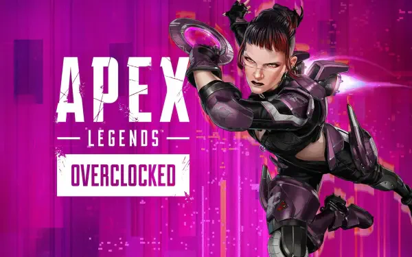 4K Ultra HD PC wallpaper of Apex Legends character Axle lunging forward on a magenta, circuit-like background, with bold APEX LEGENDS and OVERCLOCKED logos.